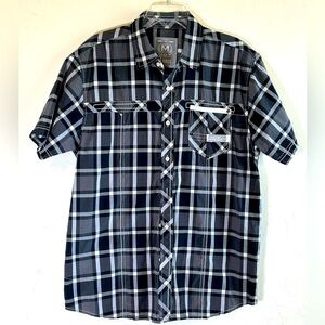 MO7 Black and White Plaid Button Down Collared Short Sleeve Shirt Sz XL